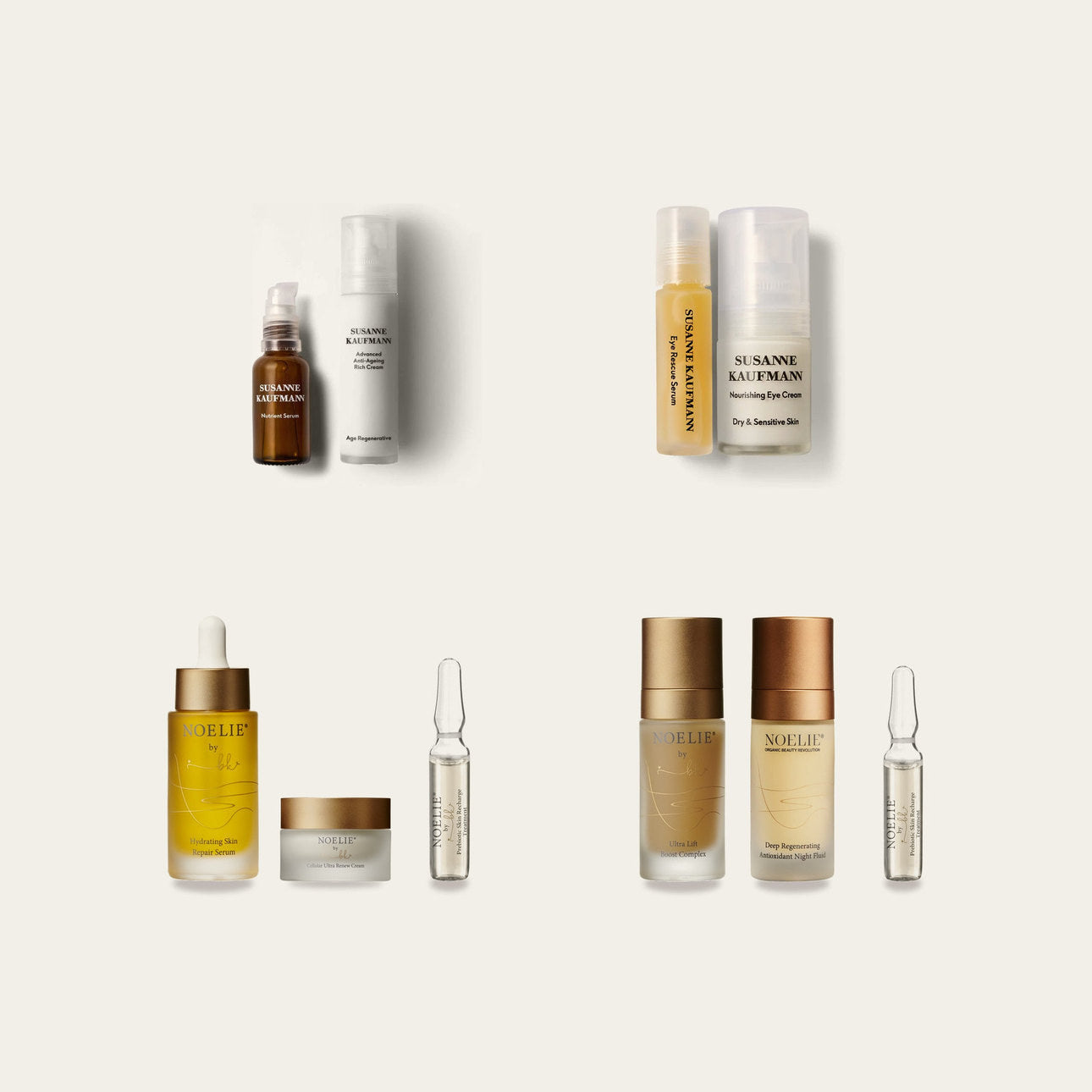 Vier Gesichtspflege-Sets: Susanne Kaufmann Bundle Gesichtspflege und Augenpflege sowie die NOELIE Repair- und Anti-Aging-Sets