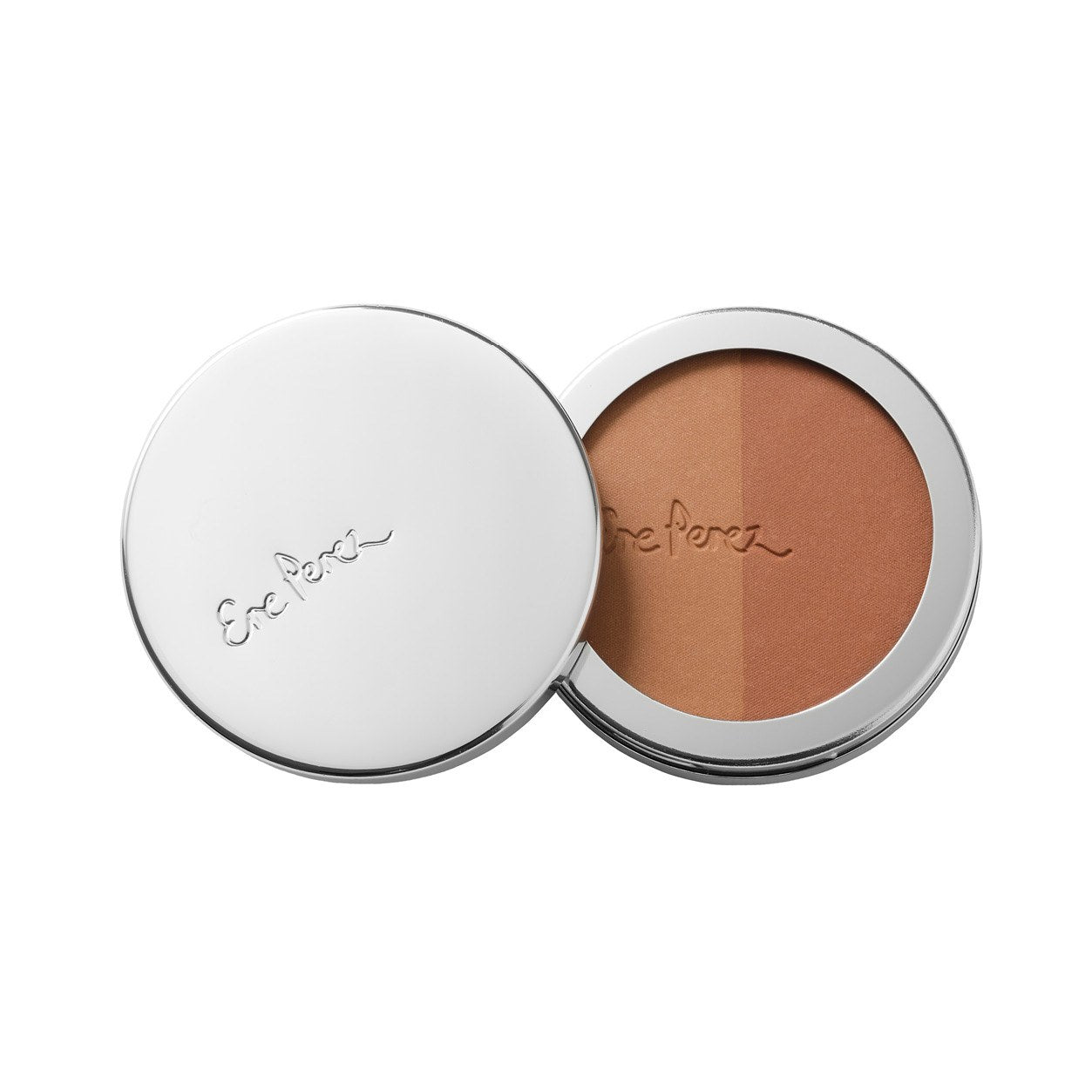 Ere Perez Rice Powder Bronzer Tulum geöffnet mit goldener und bronzener Nuance und silbernem Deckel vor weißem Hintergrund