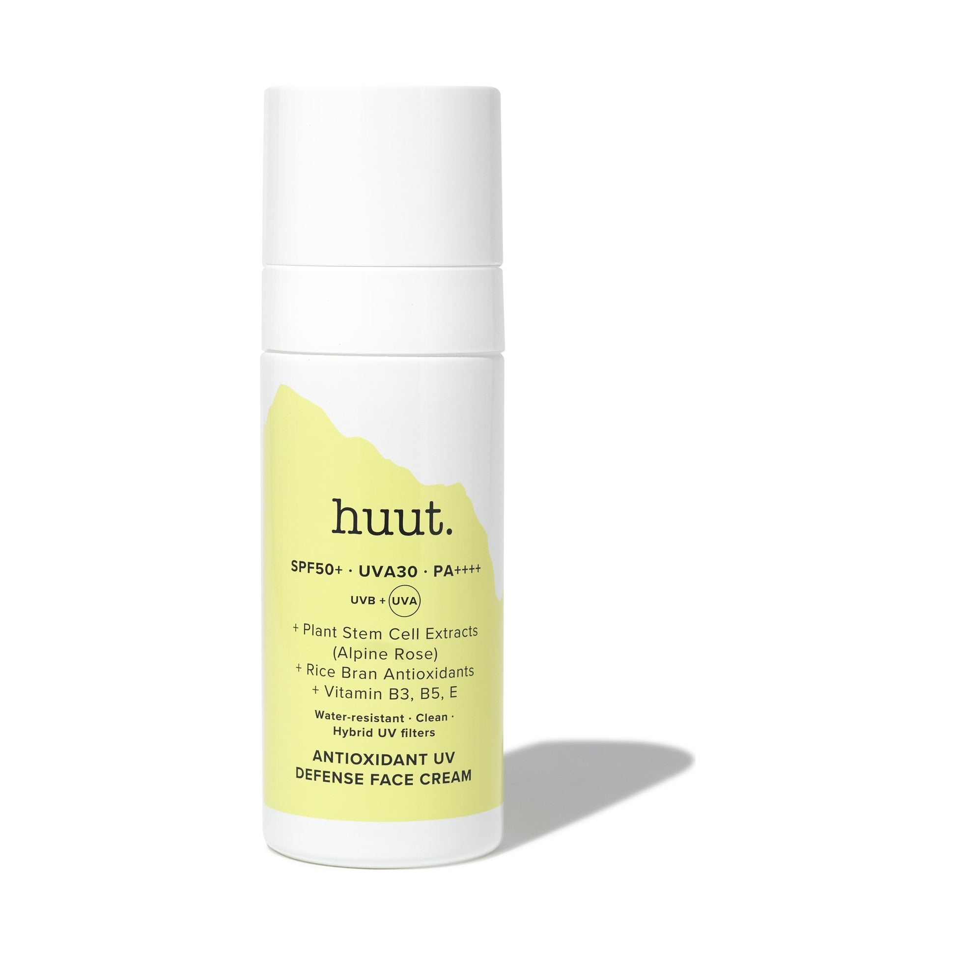 Antioxidant UV Defense Face Cream SPF50+ von huut., Packshot der Tube vor weißem Hintergrund