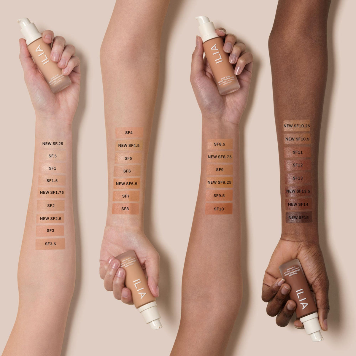 ILIA Beauty True Serum Foundation – SF1,5 Mallorca, 30ml – Farbtöne als Swatches auf vier Hauttönen