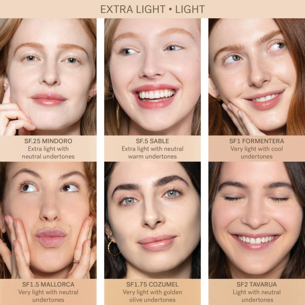ILIA Beauty True Serum Foundation – SF2 Tavarua, 30ml – benachbarte Farbtöne an sechs Modellen