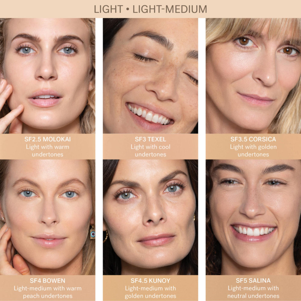 ILIA Beauty True Serum Foundation – SF3 Texel, 30ml – benachbarte Farbtöne an sechs Modellen