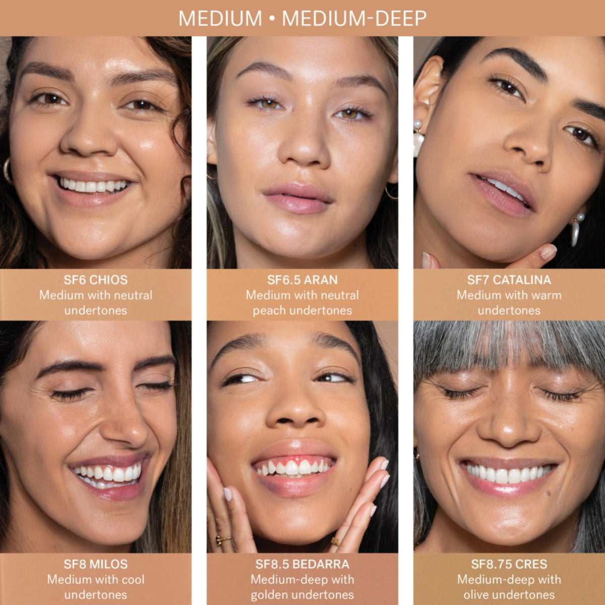ILIA Beauty True Serum Foundation – SF6 Chios, 30ml – benachbarte Farbtöne an sechs Modellen