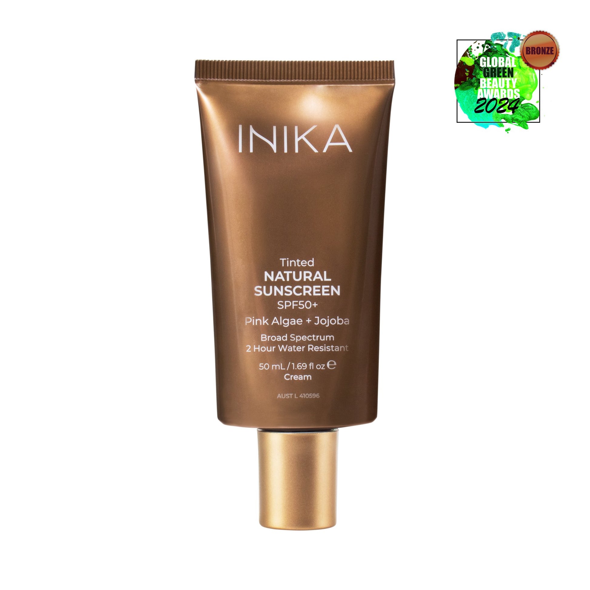 INIKA Organic Tinted Natural Sunscreen SPF50+, 50ml – Tube mit Auszeichnung Global Green Beauty Awards 2024