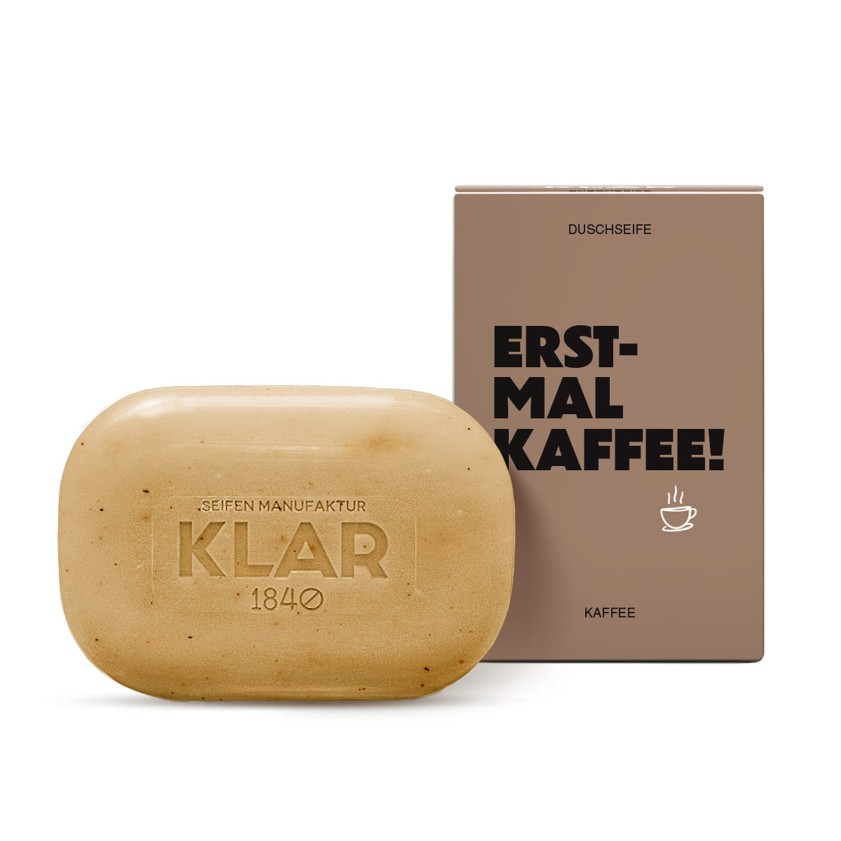 KLAR Duschseife Kaffee – Seifenstück mit Verpackung „Erst mal Kaffee!“