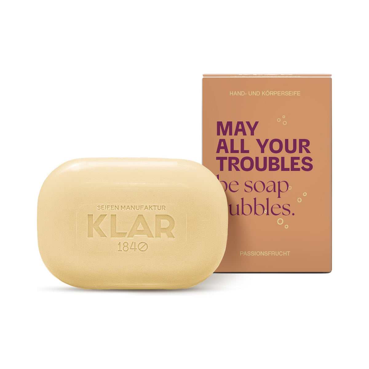 KLAR Duschseife Passionsfrucht – Seifenstück mit Verpackung „May all your troubles be soap bubbles“