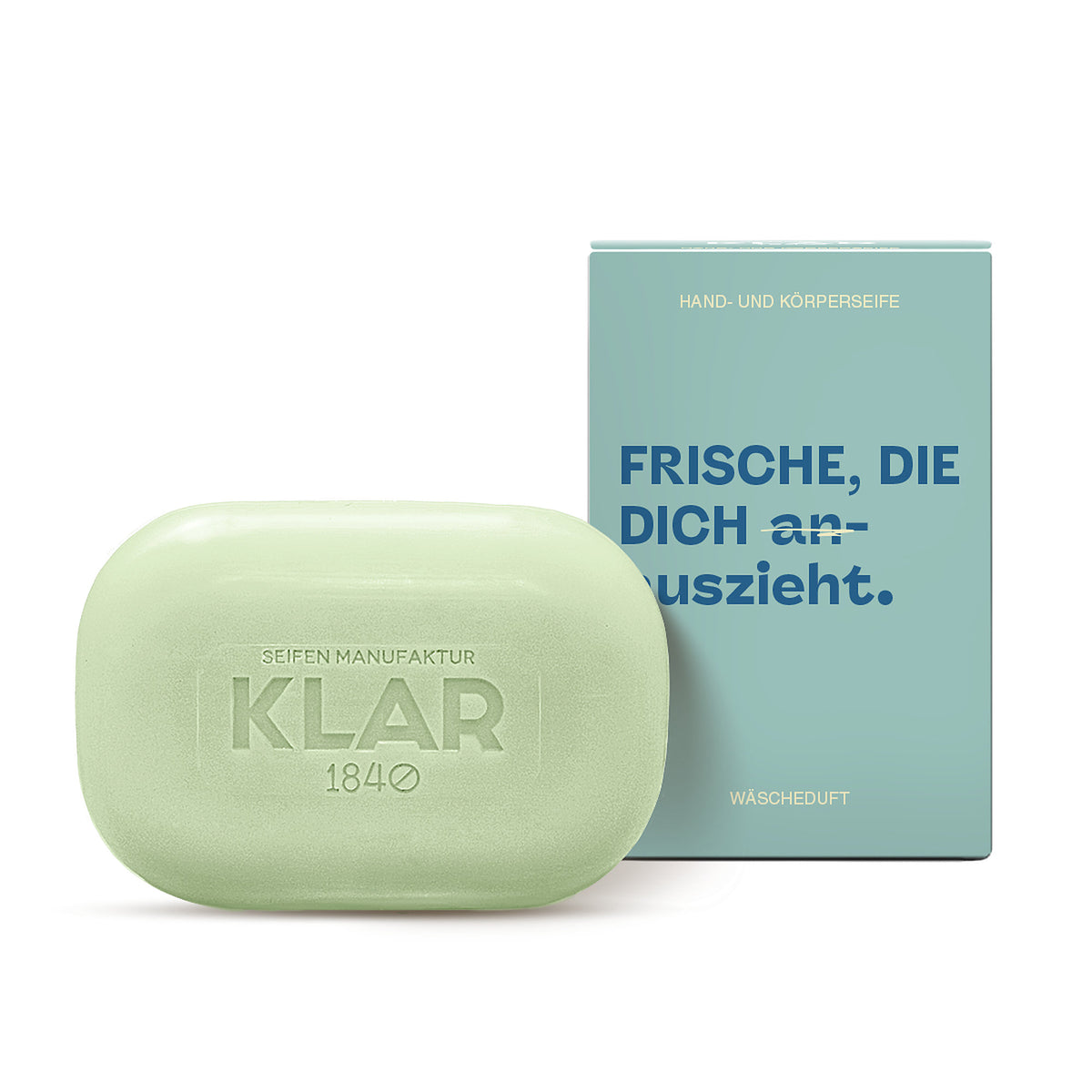 KLAR Duschseife Wäscheduft – Seifenstück mit Verpackung „Frische, die dich auszieht“