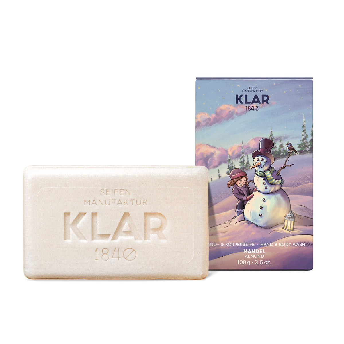 KLAR Hand- & Körperseife Mandel (Weihnachtsedition) – Seifenstück mit Verpackung