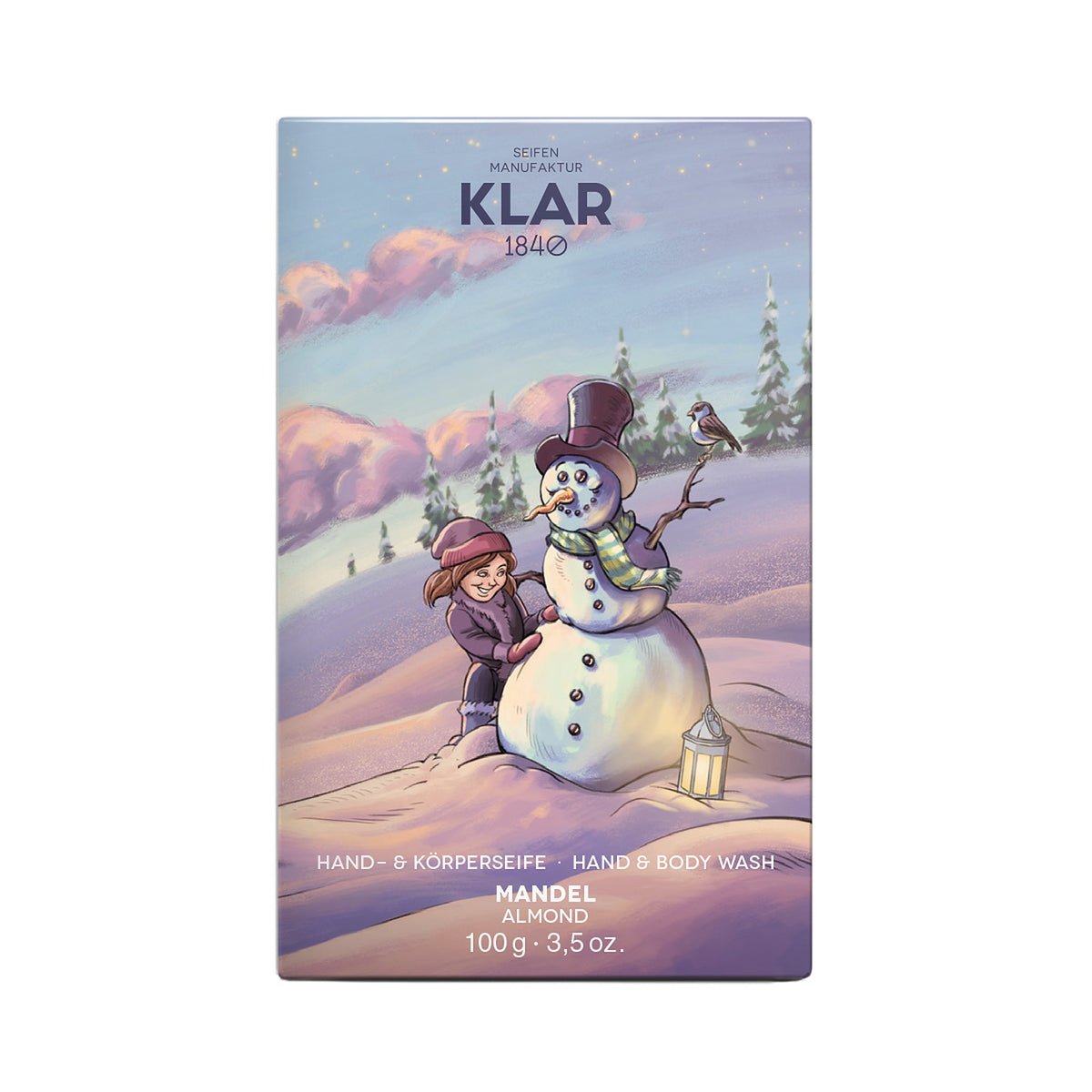 KLAR Hand- & Körperseife Mandel (Weihnachtsedition) – Verpackung mit Schneemann-Motiv