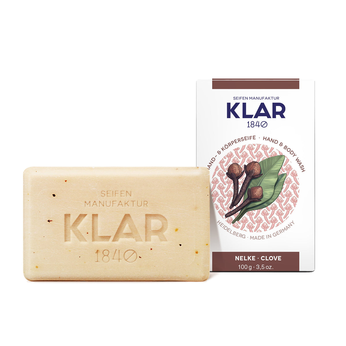 KLAR Hand- & Körperseife Nelke – Seifenstück mit Verpackung