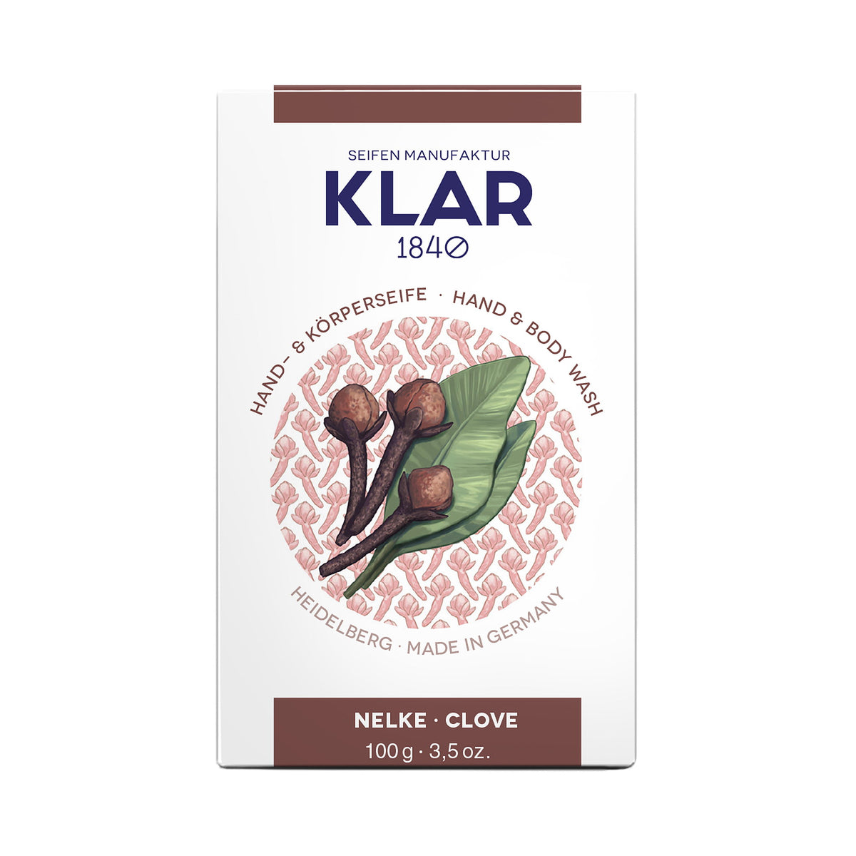 KLAR Hand- & Körperseife Nelke – Verpackung mit Nelken-Motiv