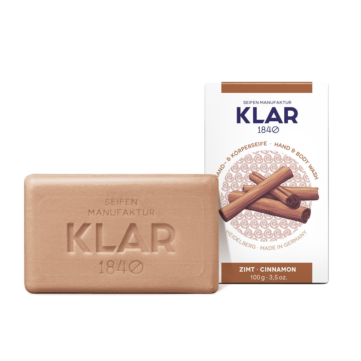 KLAR Hand- & Körperseife Zimt – Seifenstück mit Verpackung