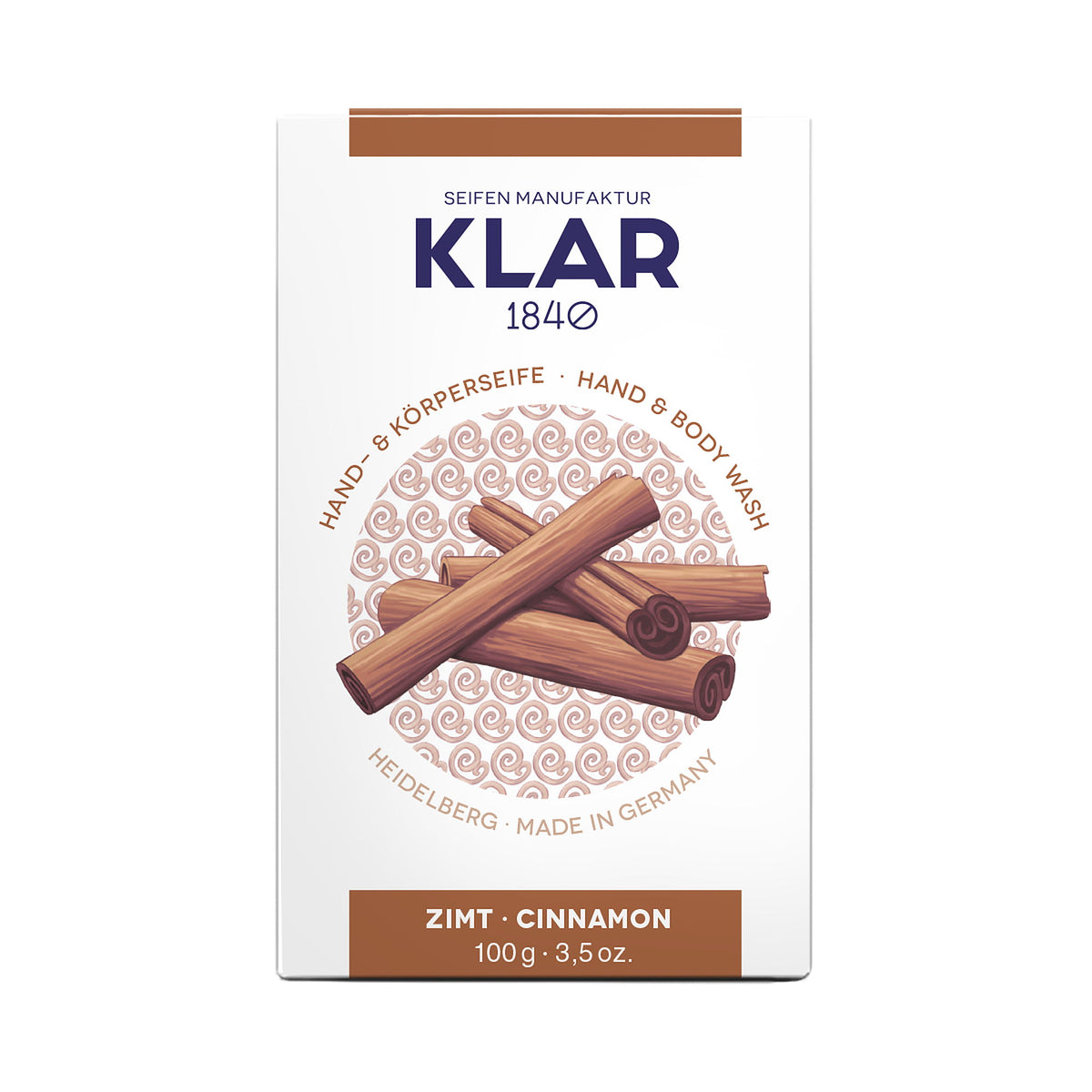 KLAR Hand- & Körperseife Zimt – Verpackung mit Zimtstangen-Motiv
