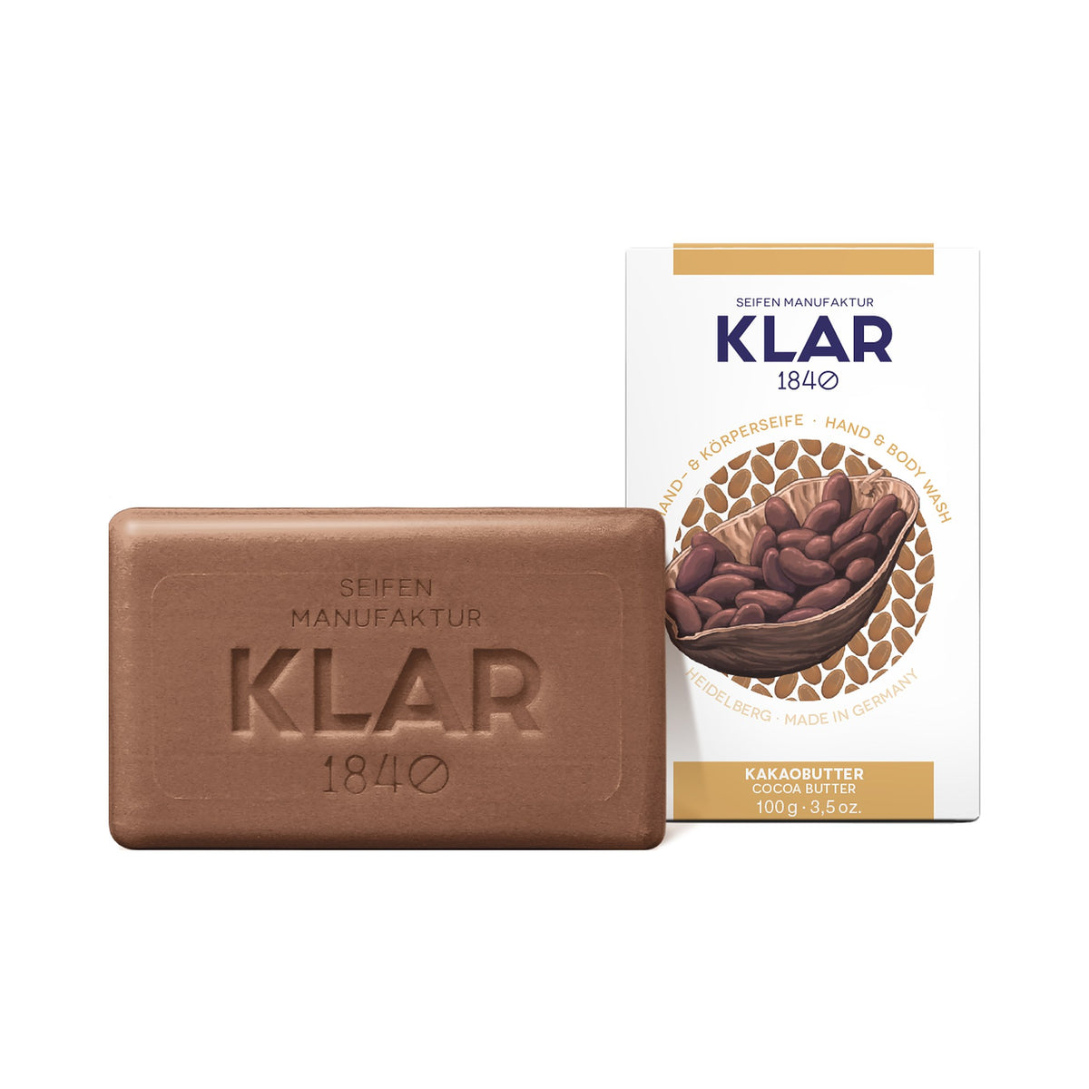 KLAR Kakaobutterseife – Seifenstück mit Verpackung