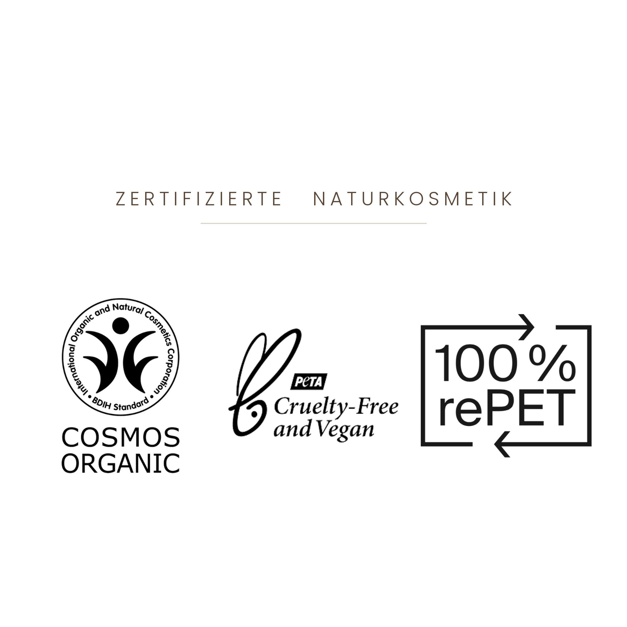 Less is More Zertifikate: COSMOS Organic, Cruelty-Free & Vegan, 100% rePET