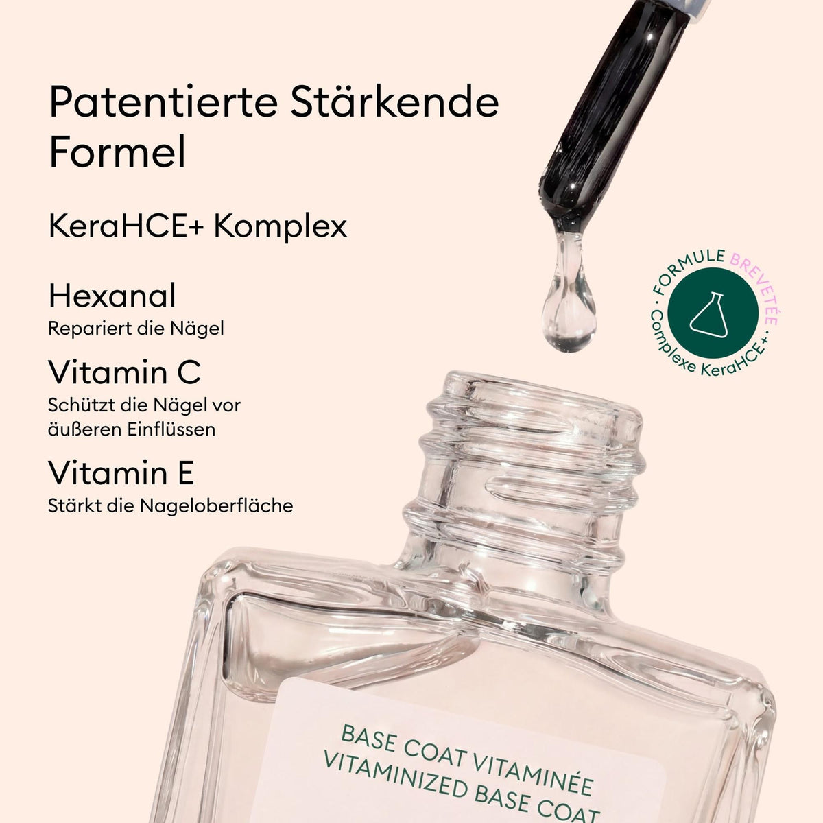 Manucurist Base Coat Vitaminée Green – Wirkstoffe Hexanal, Vitamin C und E (Infografik)