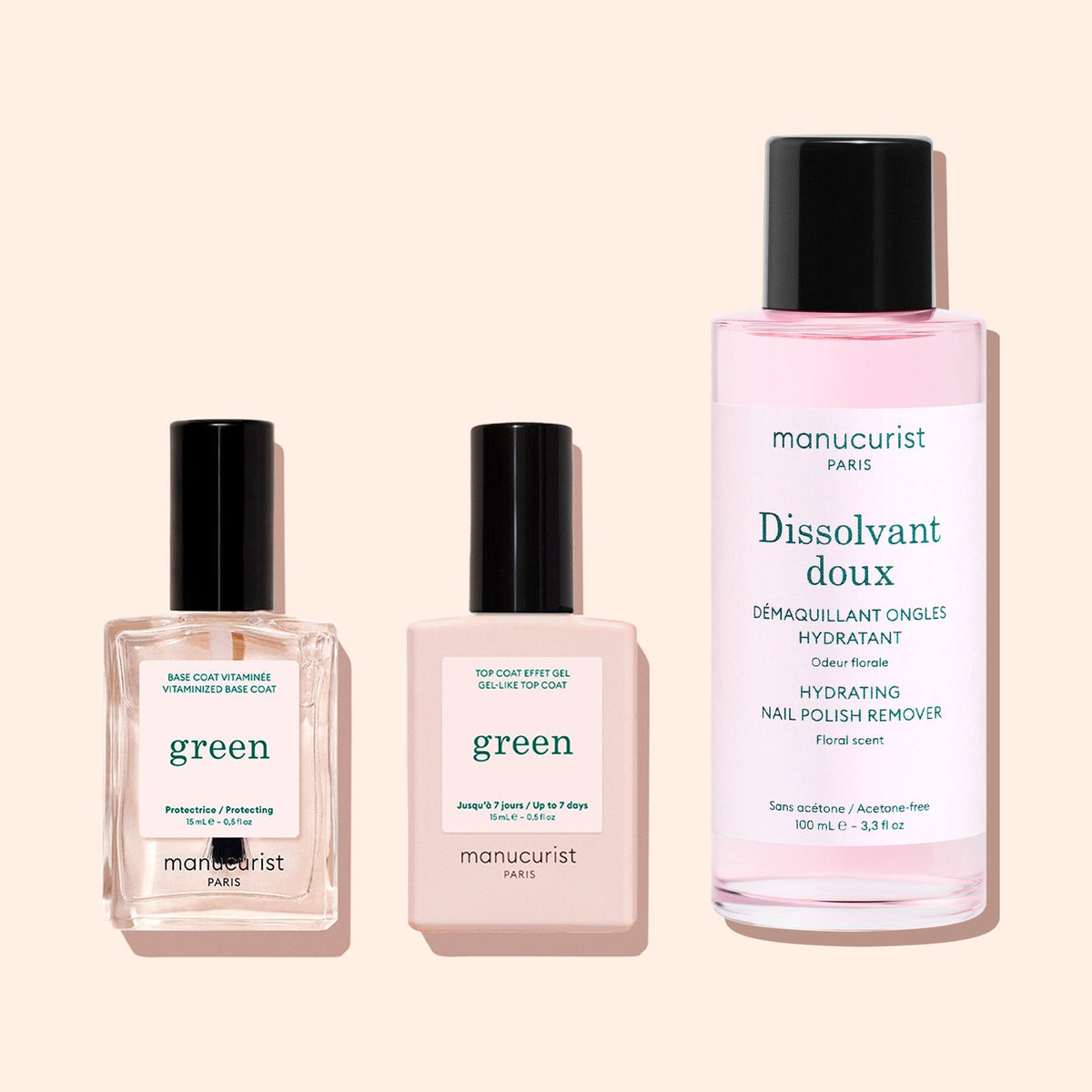 Manucurist Green-System: Base Coat Vitaminée, Top Coat und Dissolvant doux