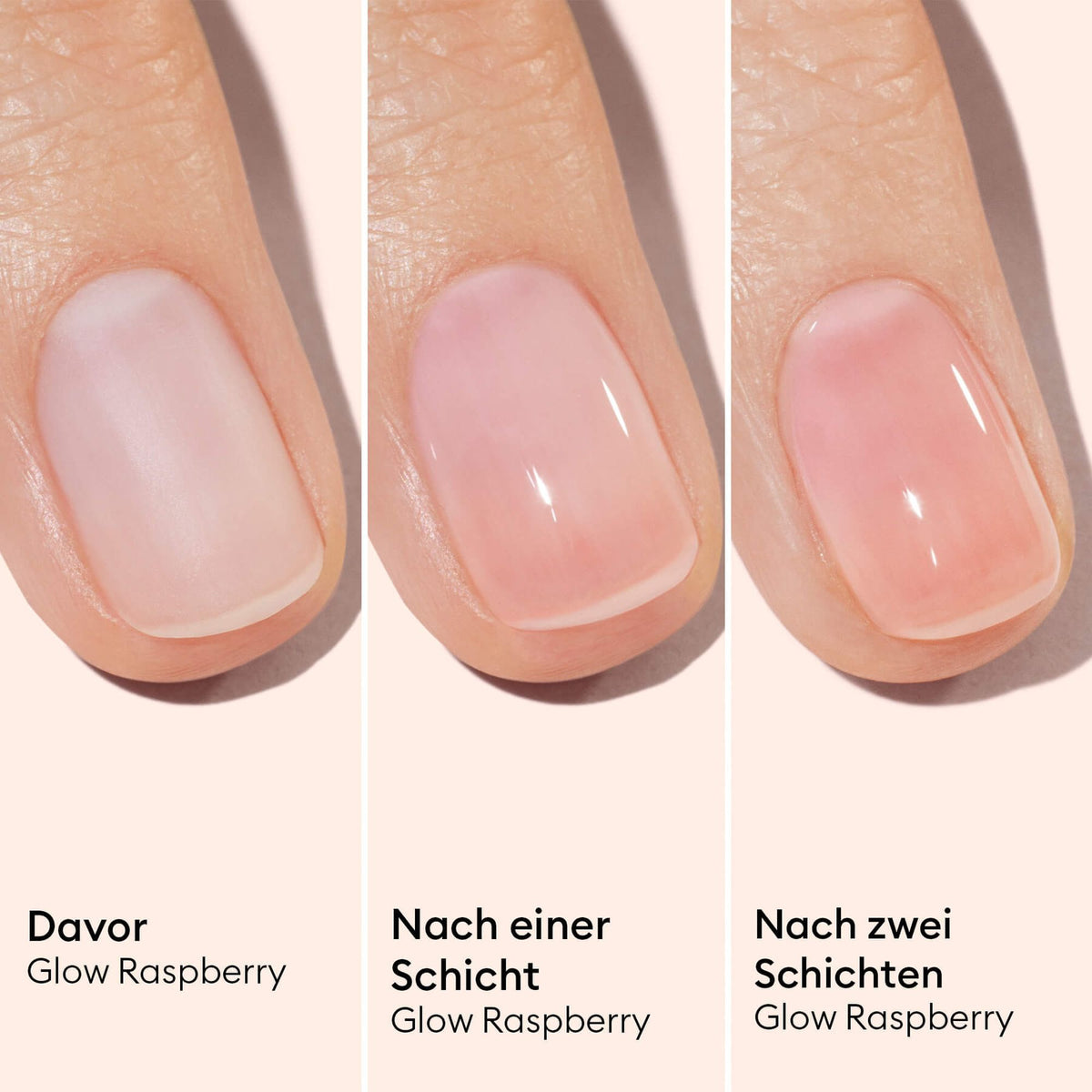 Manucurist Active Glow Raspberry – Nagel vor, nach einer und nach zwei Schichten