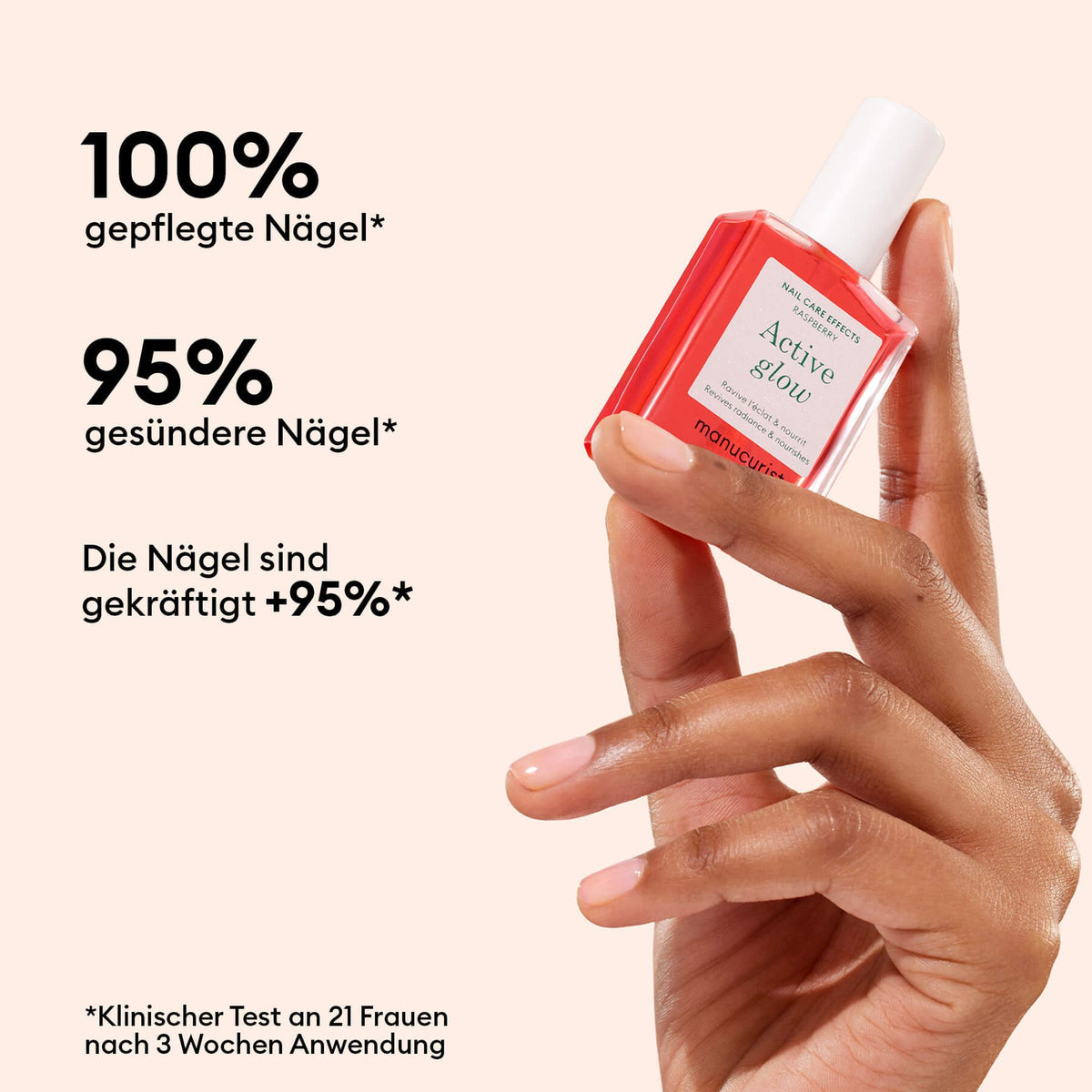 Manucurist Active Glow Raspberry – Hand hält den Flakon, Ergebnis laut Herstellertest
