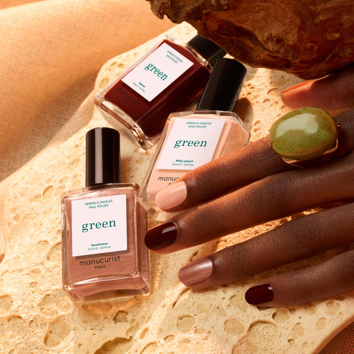 Manucurist Milky Peach, Sandstone und Grenat – Flakons der Kollektion Grand Canyon