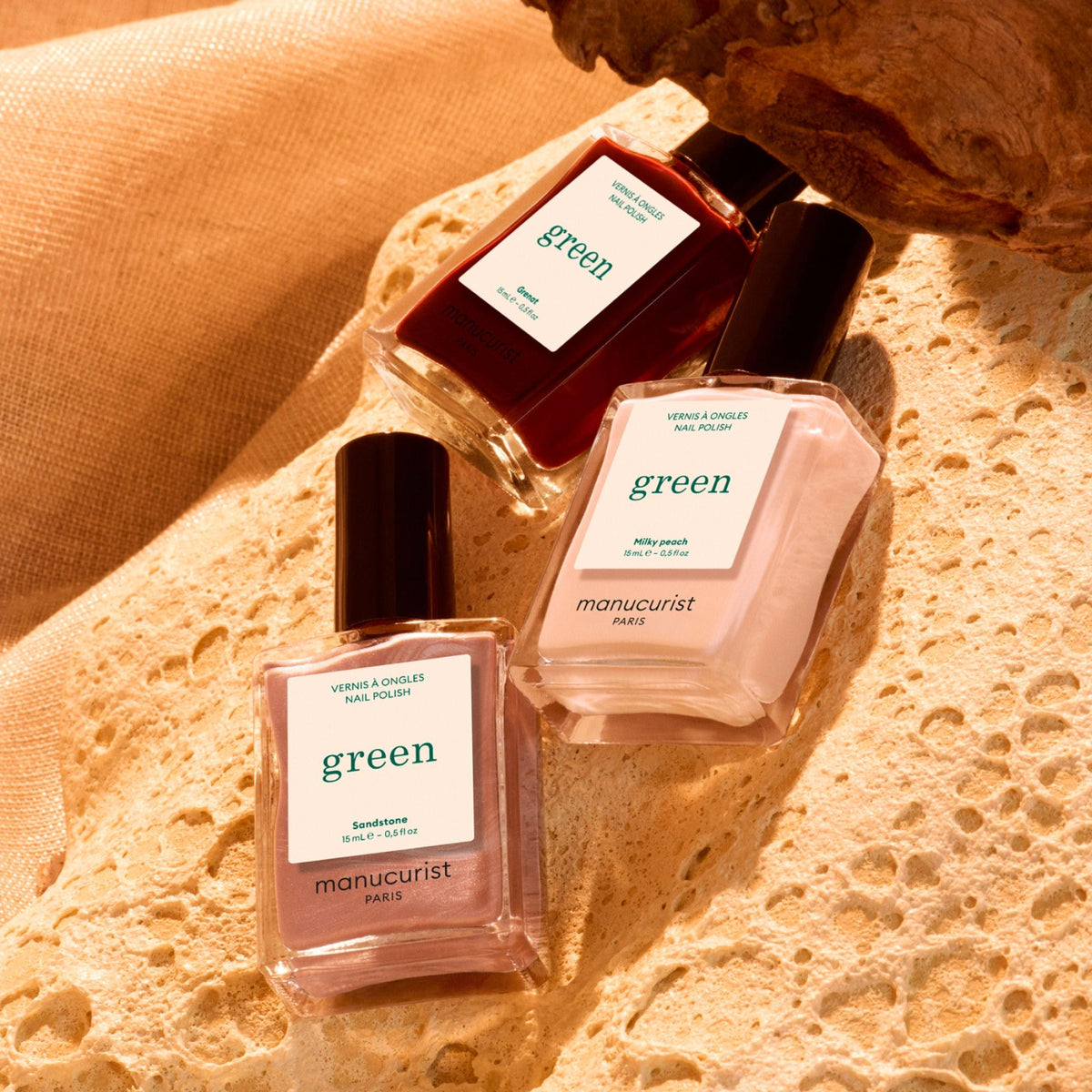 Manucurist Sandstone, Milky Peach und Grenat – Flakons der Kollektion Grand Canyon
