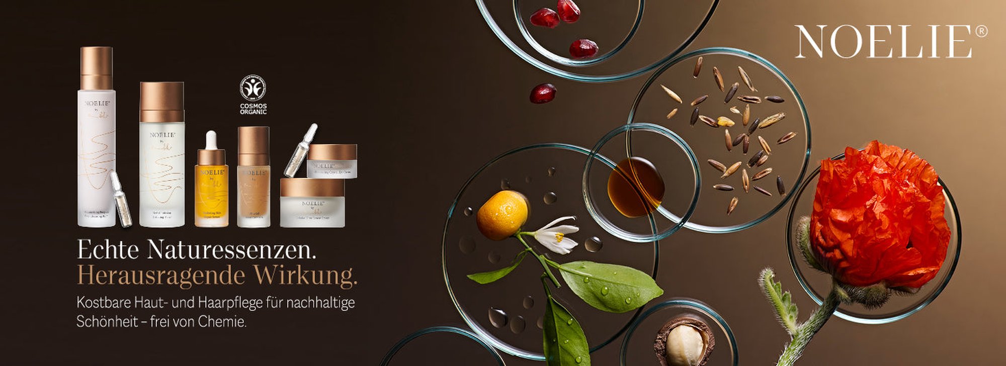 NOELIE Produkt-Lineup mit COSMOS ORGANIC-Siegel — echte Naturessenzen, herausragende Wirkung. Kostbare Haut- und Haarpflege für nachhaltige Schönheit.