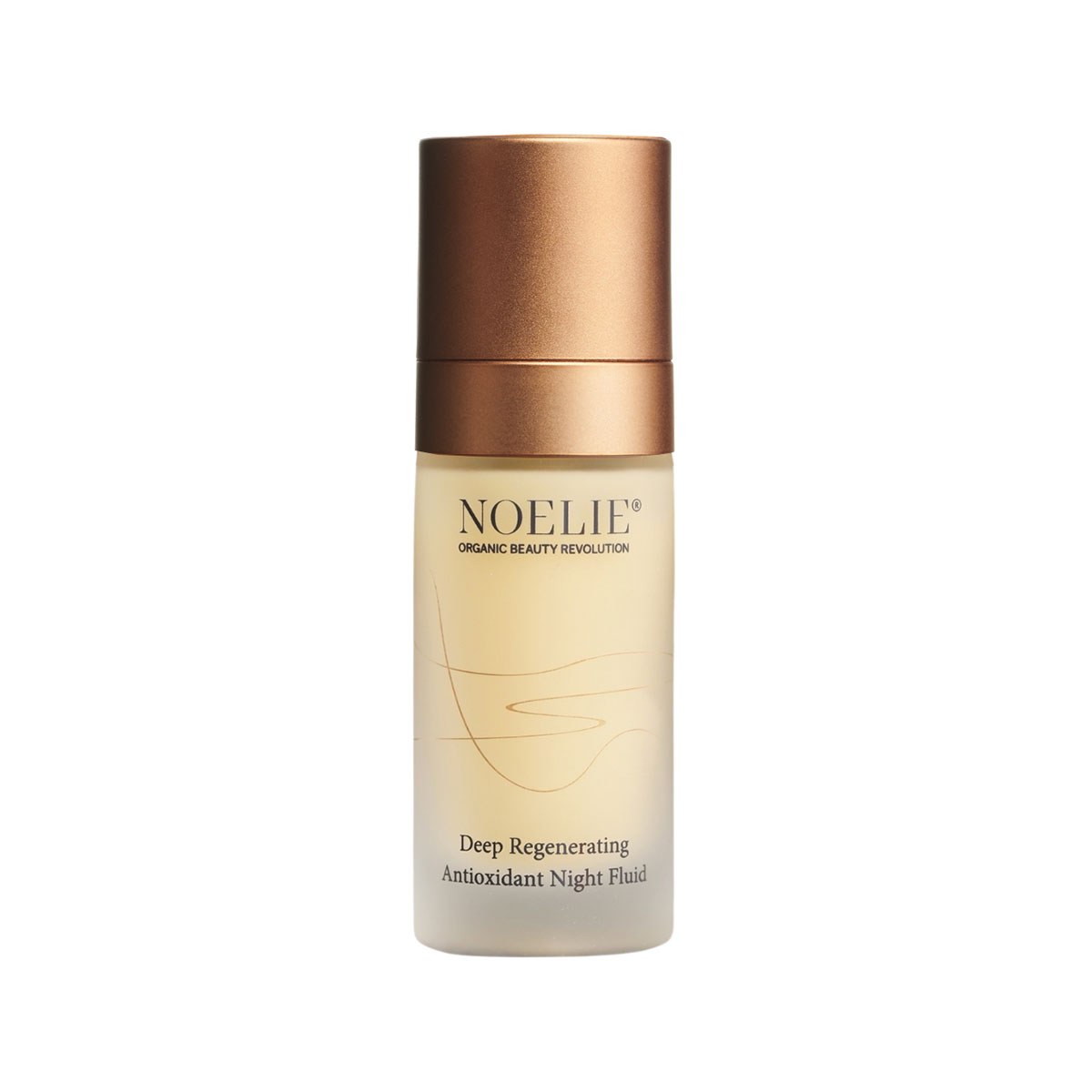 NOELIE Deep Regenerating Antioxidant Night Fluid, 30 ml – Glasflakon mit bronzefarbenem Deckel vor weißem Hintergrund