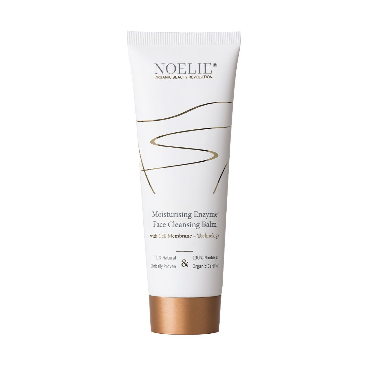 NOELIE Moisturising Enzyme Face Cleansing Balm, 100 ml – weiße Tube mit goldenem Dekor vor weißem Hintergrund