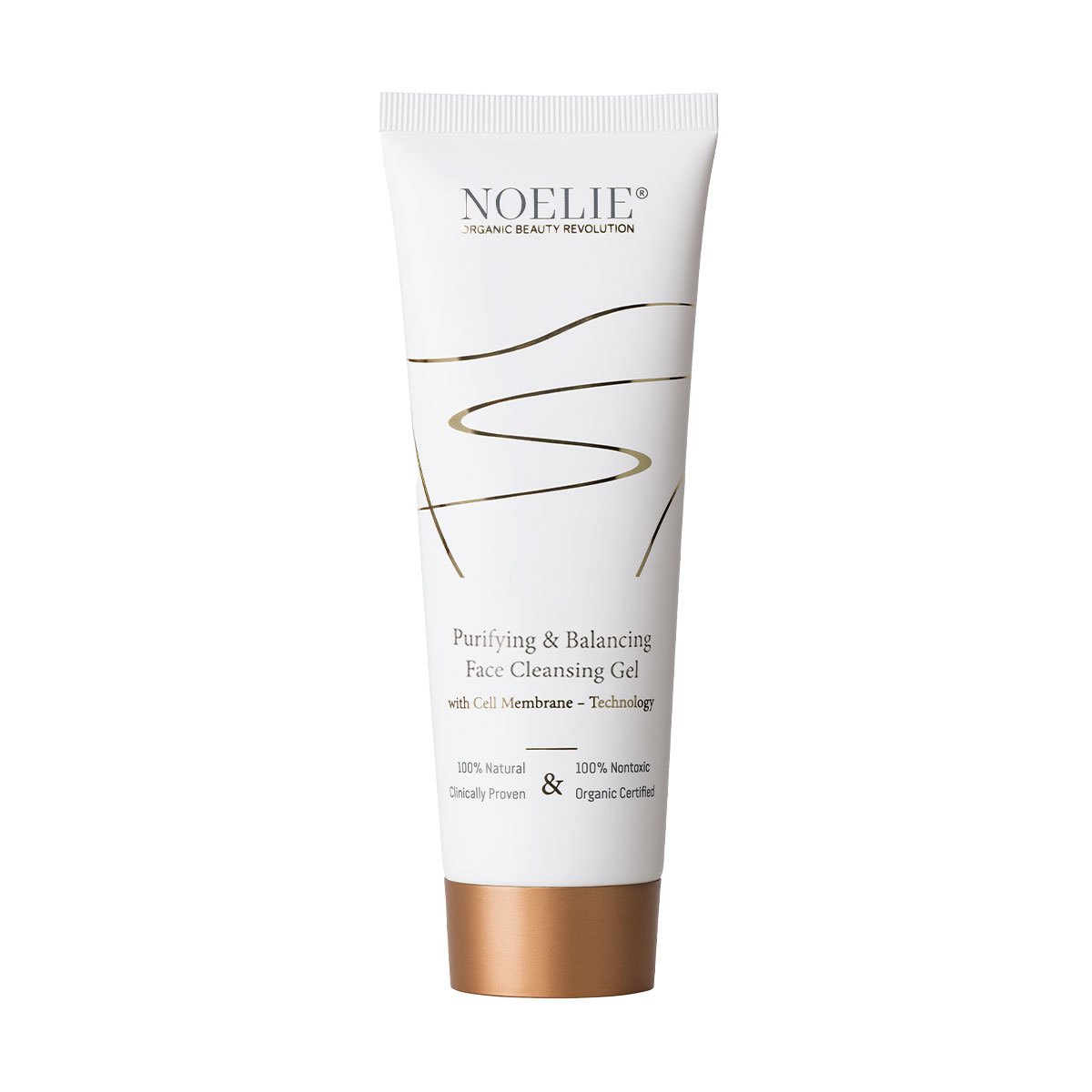 NOELIE Purifying & Balancing Face Cleansing Gel, 100 ml – weiße Tube mit goldenem Dekor vor weißem Hintergrund