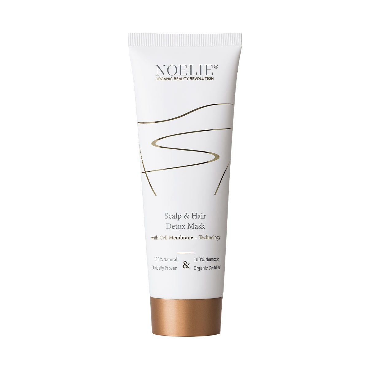 NOELIE Scalp & Hair Detox Mask, 100 ml – weiße Tube mit goldenem Dekor vor weißem Hintergrund