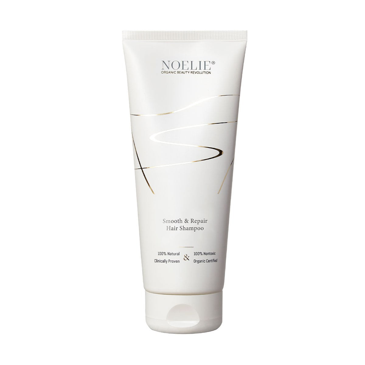 NOELIE Smooth & Repair Hair Shampoo, 200 ml – weiße Tube mit goldenem Dekor vor weißem Hintergrund