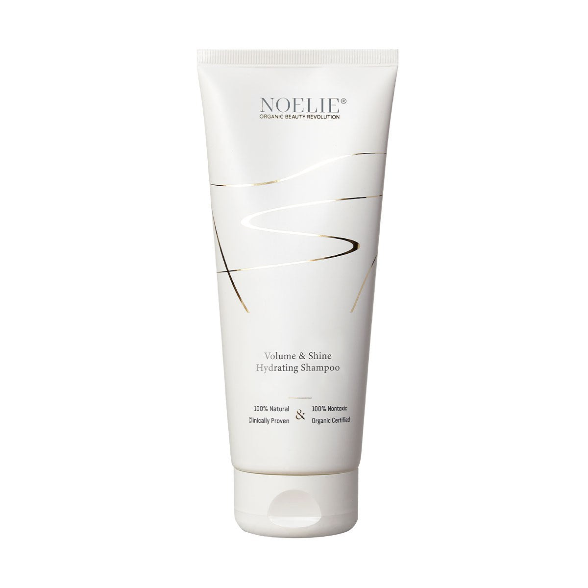 NOELIE Volume & Shine Hydrating Shampoo, 200 ml – weiße Tube mit goldenem Dekor vor weißem Hintergrund