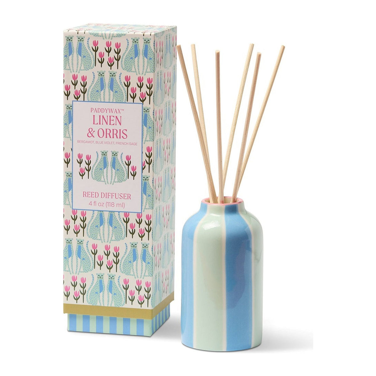 Paddywax A Dopo Keramik-Diffuser Blue Cheetahs – Linen & Orris, 118ml – Packshot mit Schachtel