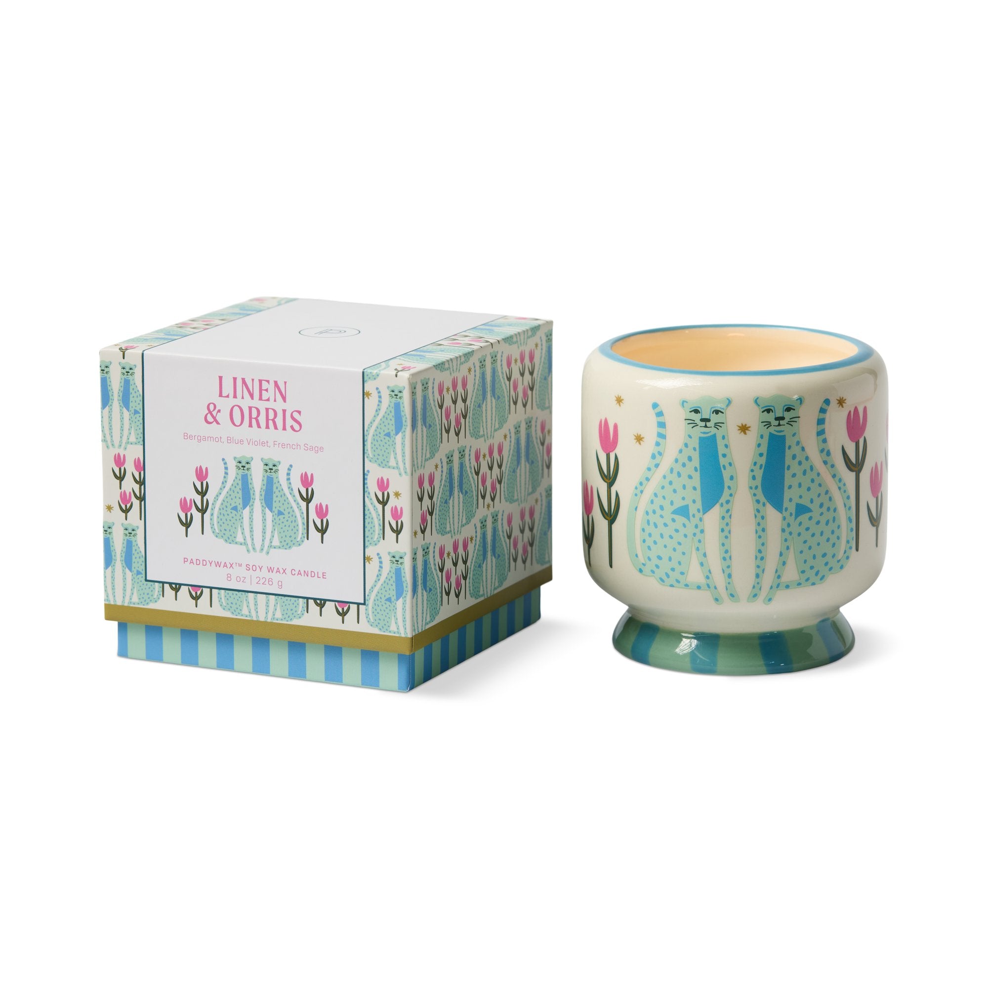 Paddywax A Dopo Keramik-Duftkerze Blue Cheetahs – Linen & Orris, 226g – Packshot