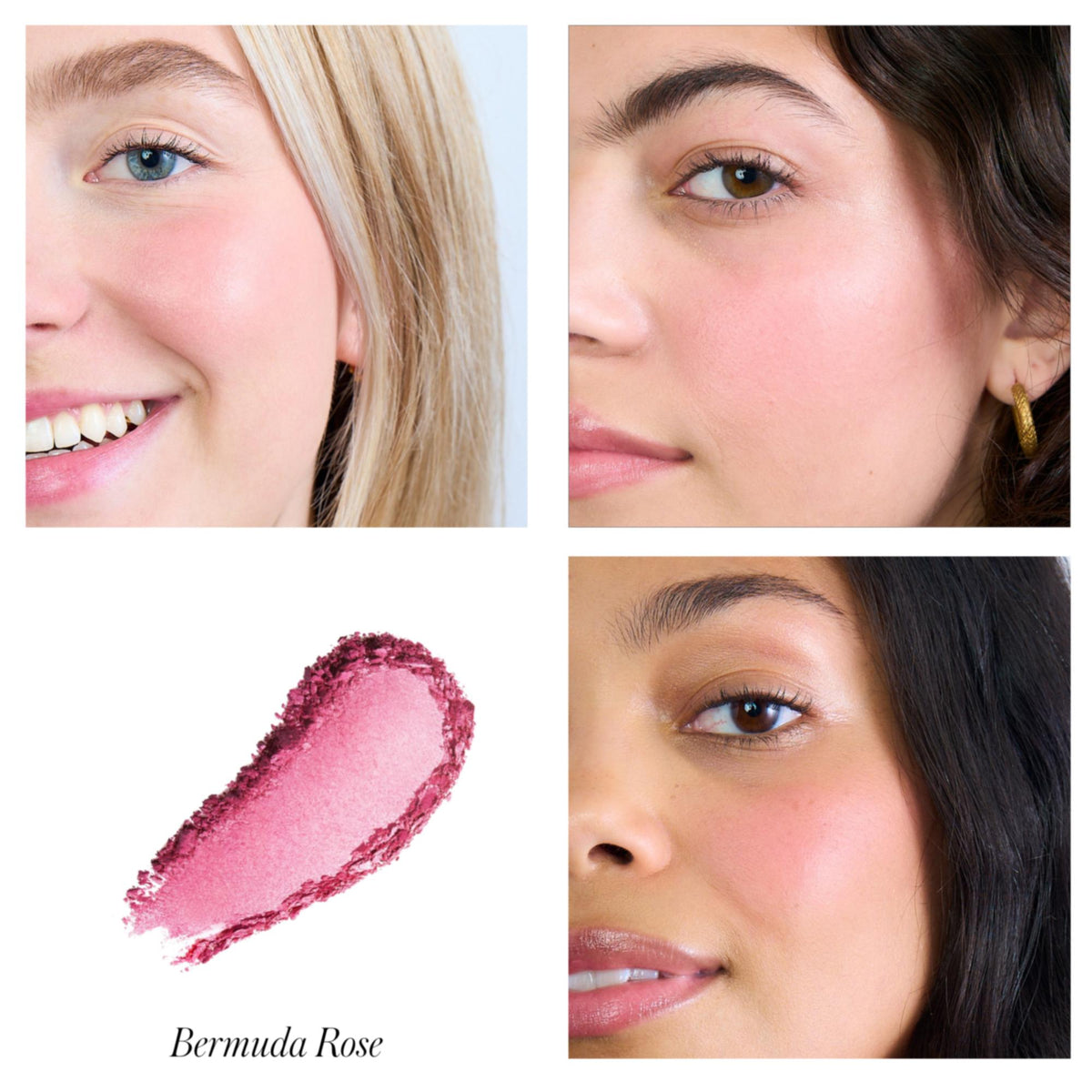 RMS Beauty ReDimension Hydra Powder Blush - Bermuda Rose, 7g – Farbton Bermuda Rose an drei Modellen mit Farbmuster