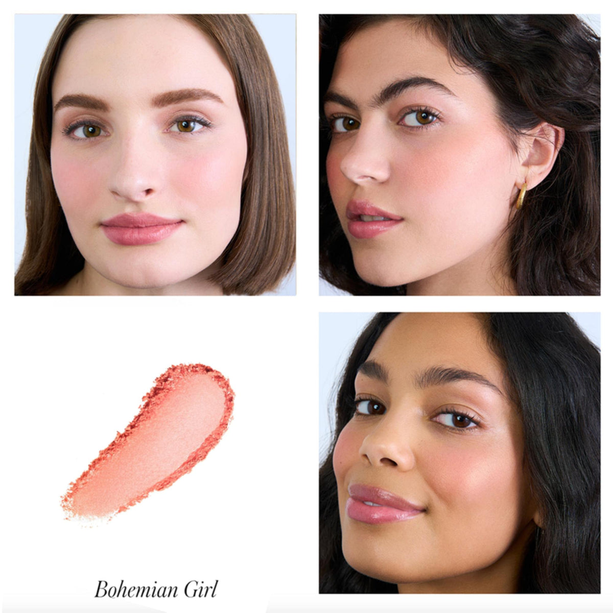 RMS Beauty ReDimension Hydra Powder Blush - Bohemian Girl, 7g – Farbton Bohemian Girl an drei Modellen mit Farbmuster