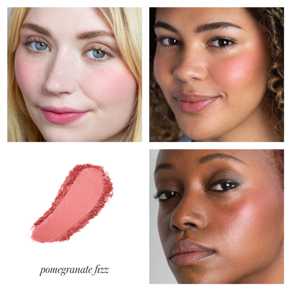 RMS Beauty ReDimension Hydra Powder Blush REFILL - Pomegranate Fizz, 7g – Farbton Pomegranate Fizz an drei Modellen mit Farbmuster