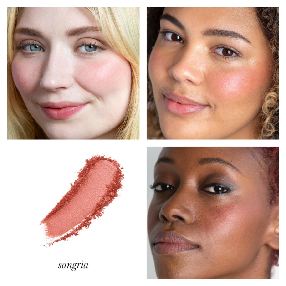 RMS Beauty ReDimension Hydra Powder Blush REFILL - Sangria, 7g – Farbton Sangria an drei Modellen mit Farbmuster