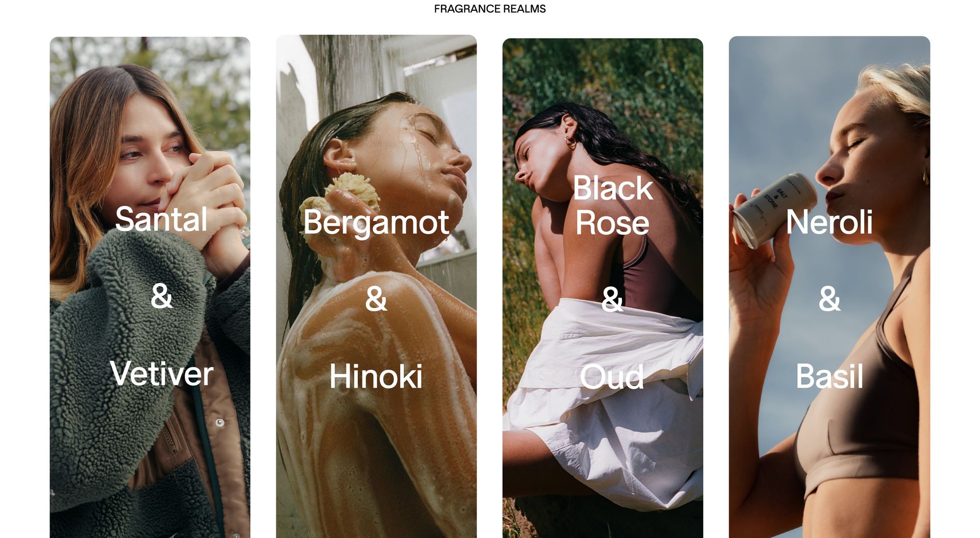 Salt & Stone Fragrance Realms — Santal & Vetiver, Bergamot & Hinoki, Black Rose & Oud, Neroli & Basil
