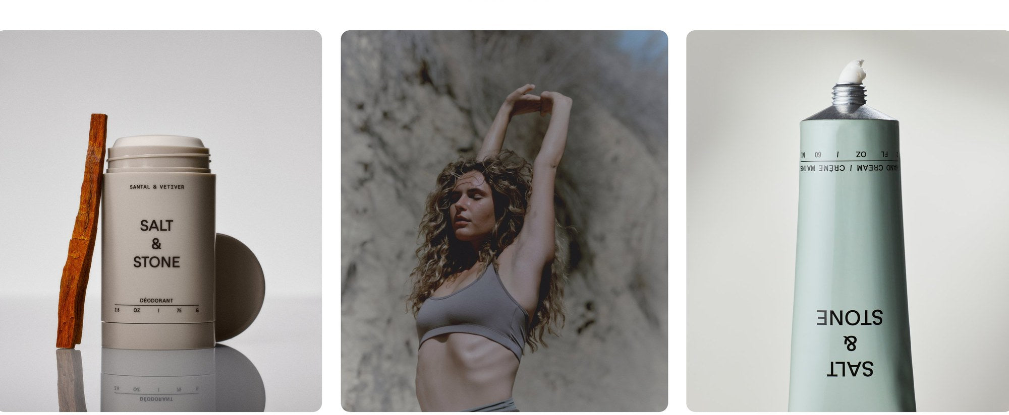 Salt & Stone Werte-Trio — Deodorant, aktiver Körper an der Felswand, Handcreme aus Ocean-Plastic