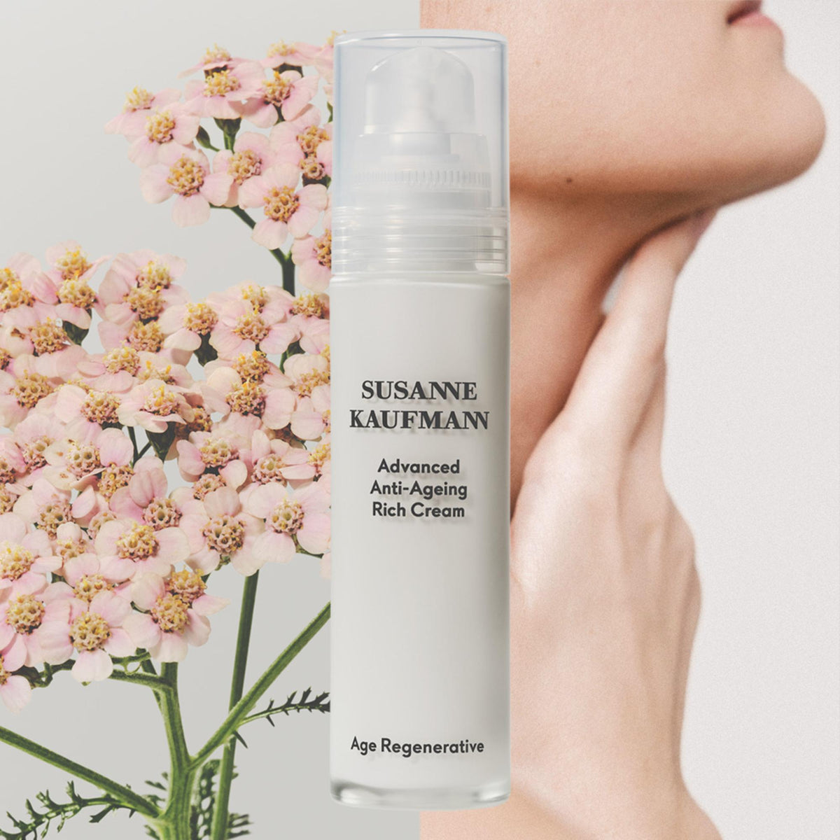 Susanne Kaufmann Advanced Anti-Ageing Rich Cream / Reichhaltige Anti-Aging-Creme, 50ml – Spender mit Schafgarbe vor dem Hals