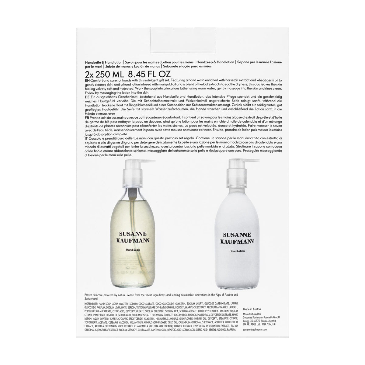 Susanne Kaufmann Hand Soap & Hand Lotion / Handseife & Handlotion im Set, 2 x 250ml – Geschenkbox Rückseite
