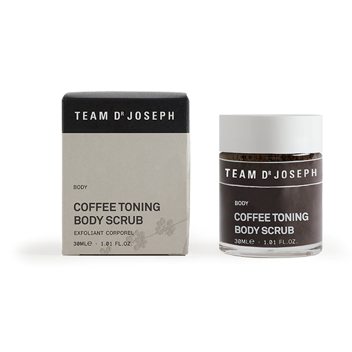 TEAM DR JOSEPH Coffee Toning Body Scrub, 30ml – Reisegröße – Tiegel mit Faltschachtel