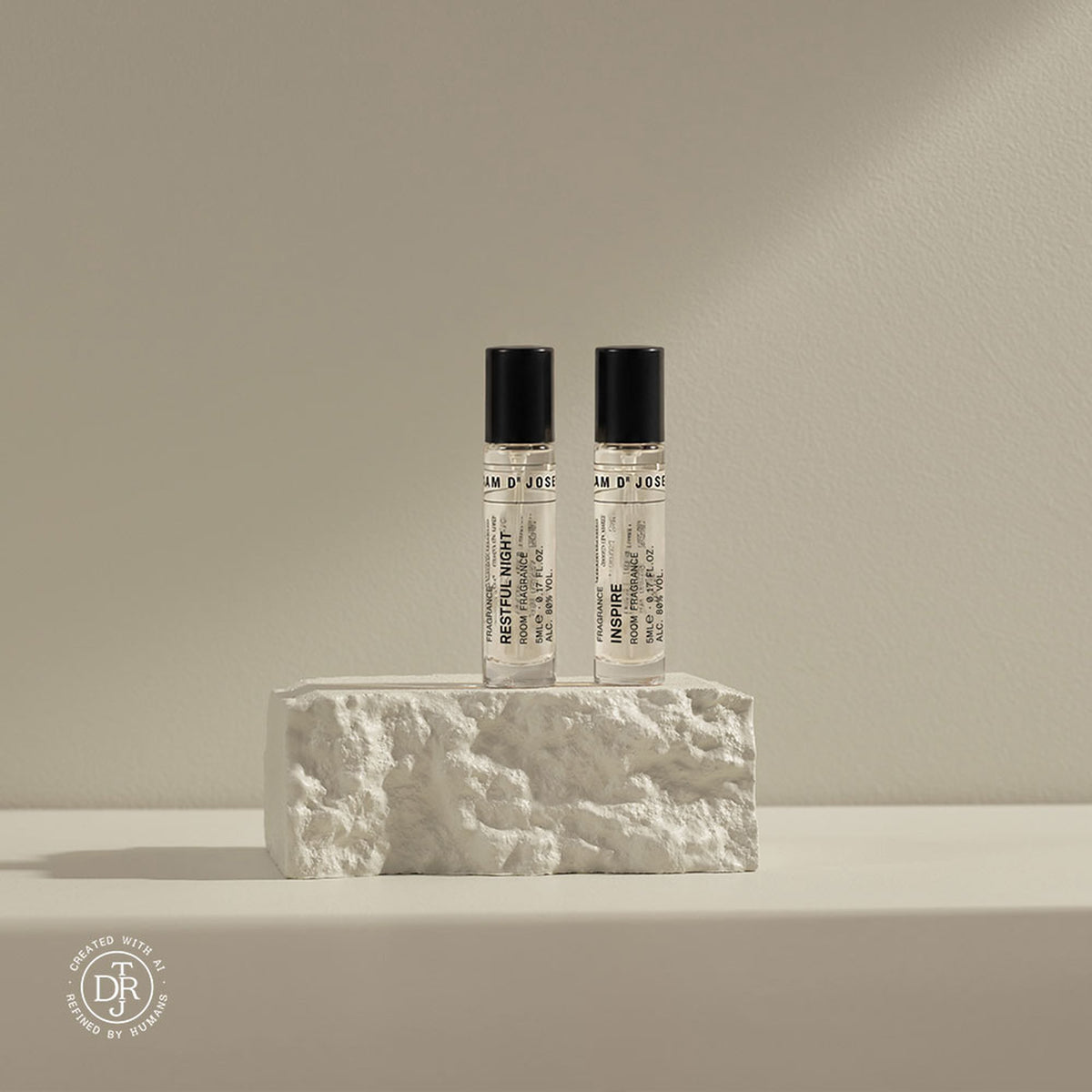 TEAM DR JOSEPH Travel Size Restful Night und Inspire, je 5ml – zwei Sprühflakons auf hellem Stein