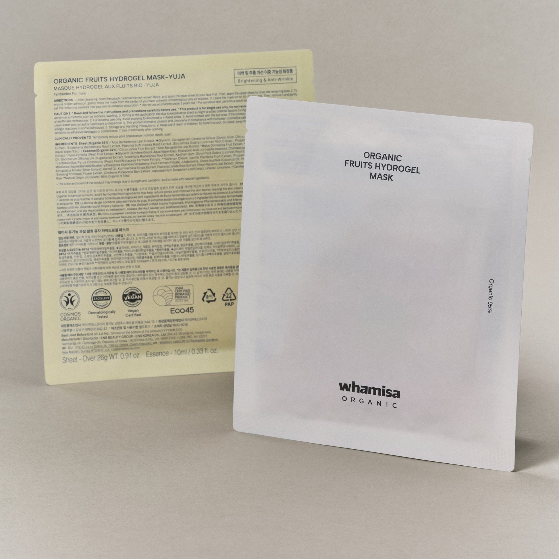 Sachet der Fruits Hydrogel Mask mit Beipackzettel und Zertifizierungssiegeln